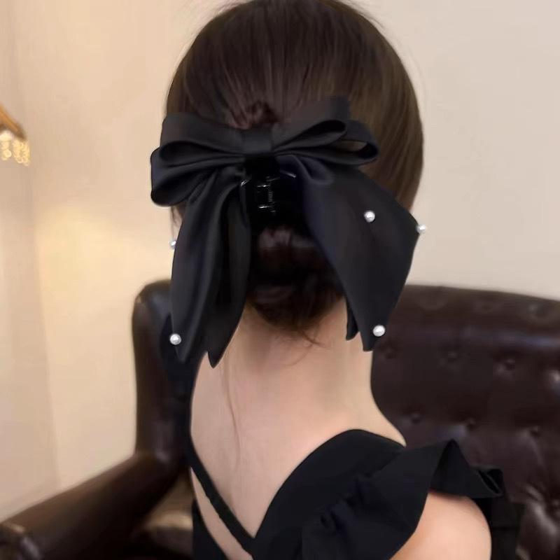 Women Girls Sweet Pearl Satin Bowknot Hair Clip Simple Big Ribbon Bow Barrette Solid Scarf Hairpin Grip Ponytail Clip