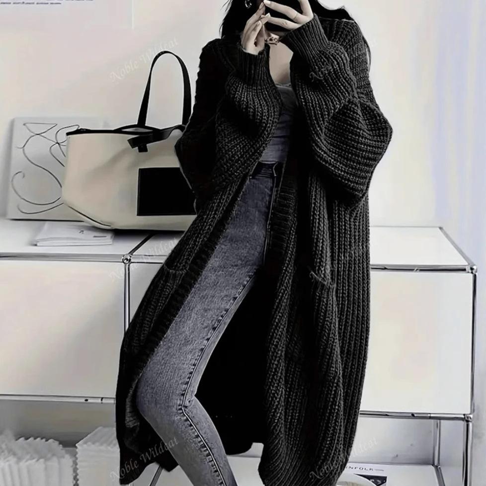 Temperament Long Over-the-knee Sweater Cardigan Women's Autumn and Winter New Lazy Wind Loose Thickened Knitted Jacket Women's Tide