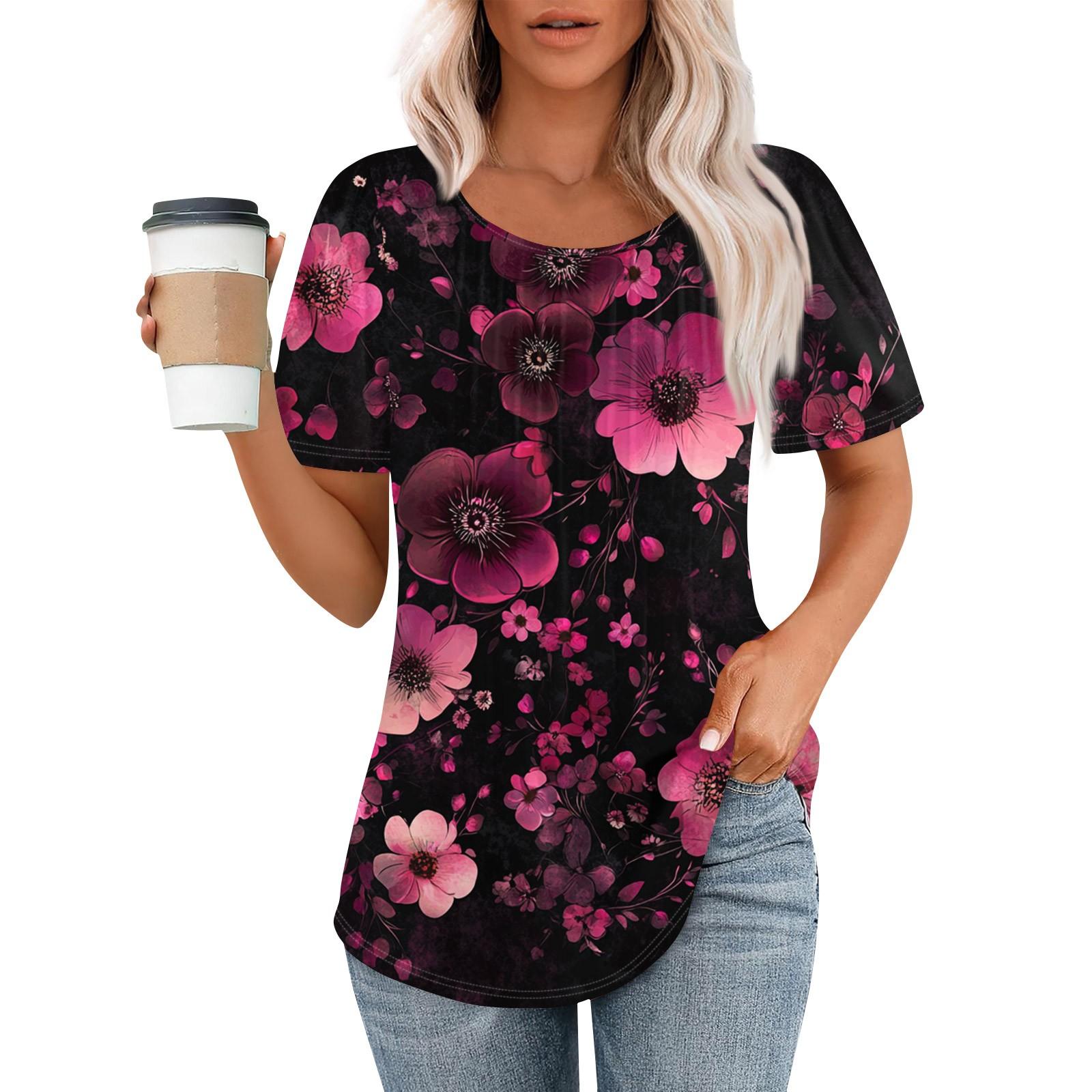 

Женская модная повседневная плиссированная футболка в полоску с круглым вырезом и цветочным принтом с короткими рукавами, топ XL арбуз красный