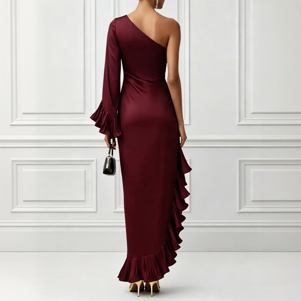 Damen Farbiger Satin Off-Shoulder Raffung Unregelmäßiger Saum Kleid für Cocktailparty
