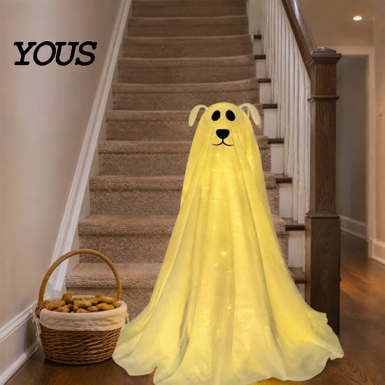 Lighted Ghost Dog for Entryway Halloween Decoration, Battery Operated Freestanding Spooky Cute Figurine with Remote And String Light Front Door,