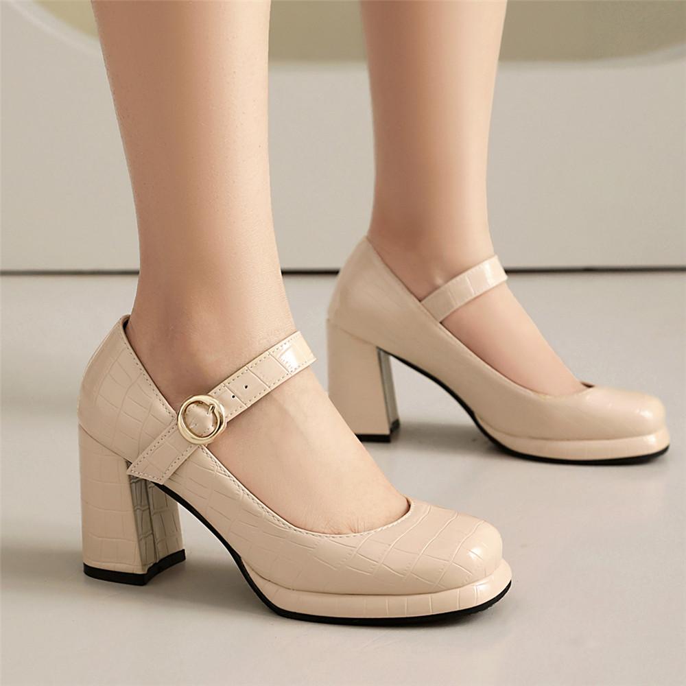 Fashion Spring New Woman Block Heel Classic Closed Toe Mature Ladies Office Pumps Buckle Strap Vintage Women Platform Mary Janes Shoes