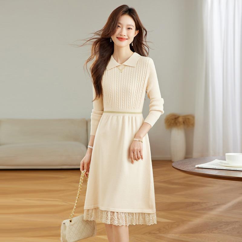 

Lapel lace temperament elegant knitted dress women s autumn and winter new with coat inside with long sweater skirt one size fits all
