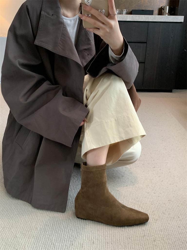 Inner Height-increasing Suede Square Head Short Boots Women's 2025 Autumn and Winter New Temperament Versatile Women's Boots, Wedge Heel Rear Zipper 