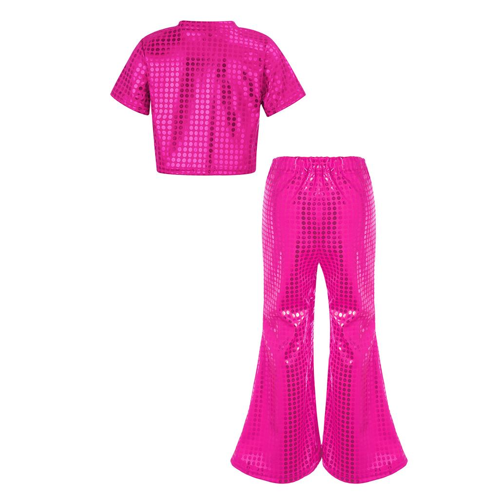 Dětské Dívčí Lesklé Flitry Párty Sety Kulatý Výstřih Crop Top s Elastickým Pasem Rozšířené Kalhoty pro Taneční Scénické Vystoupení