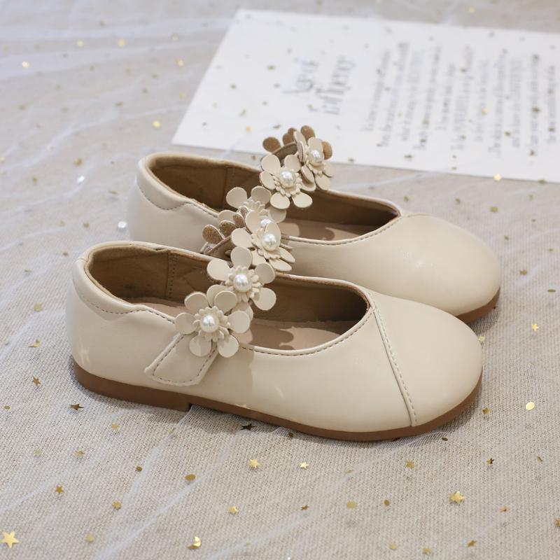 2024 New Simple Flowers Kids Shoes Non-slip Pearls Round-toe Hook & Loop Korean PU Platform Children Casual Shoes Free Shipping