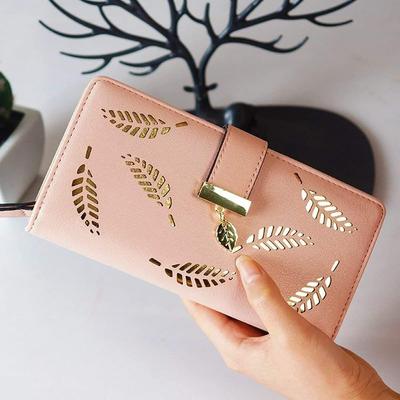 Rose Gold Vegan Leather Women's Leaf Bi-fold Card Coin Holder Long Purse Clutch Wallet