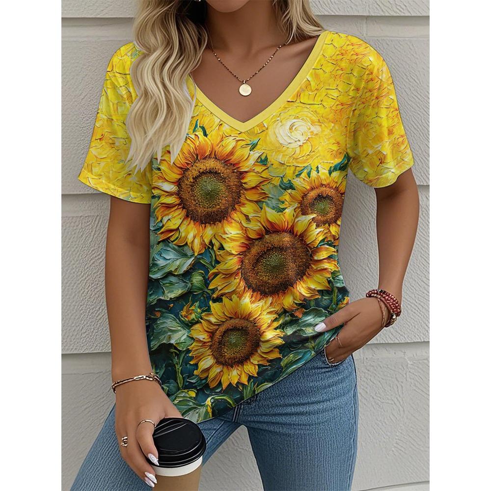 Women's Geometric Striped Print Bohemian Vintage T-shirt, V Neck Short Sleeve, Casual Daily
