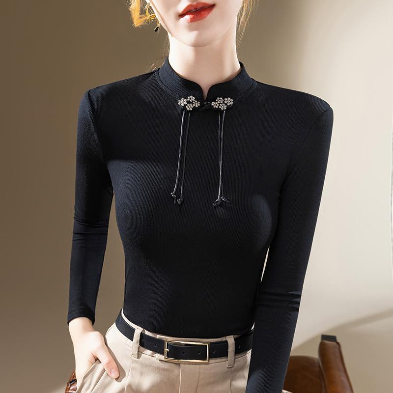 Stand-up collar bottoming shirt women&#x27;s new women&#x27;s clothing black long-sleeved t-shirt with waist Chinese retro button-up top