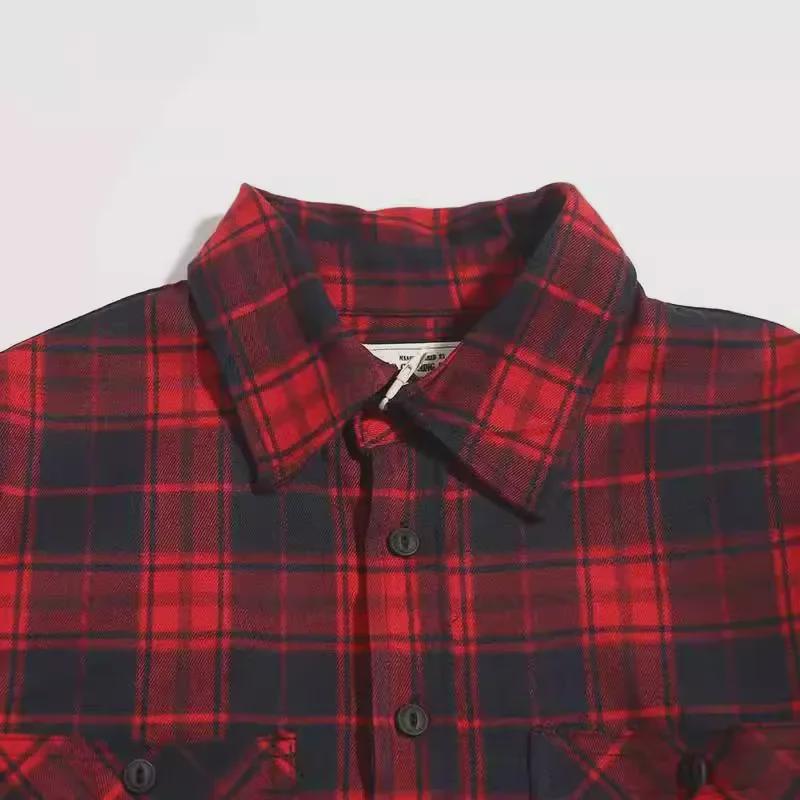 Verdicktes Khaki-Karohemd für Herren – Retro-amerikanische Arbeitskleidung, 300 g, langärmlig mit Doppeltaschen