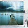 Wooden Bridge Print Shower Curtain Boat at Lake Shore Wooden Pier Sunset Sunbeams and Romantic Evening View, Polyester Fabric