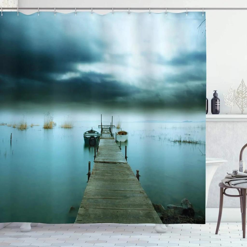 Wooden Bridge Print Shower Curtain Boat at Lake Shore Wooden Pier Sunset Sunbeams and Romantic Evening View, Polyester Fabric