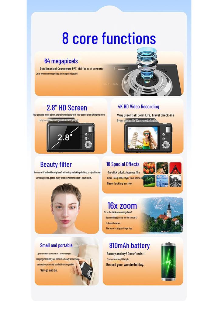 Цифрова камера 4K 64 МП із 16-кратним зумом для студентів початкового рівня з фото- та відеозйомки