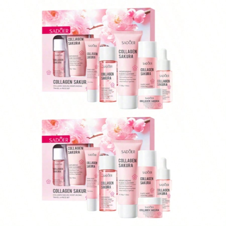 6pcs Cherry Blossom Collagen Skincare Set, Moisturizing Nourishing Facial Care Kit, Includes Cleanse