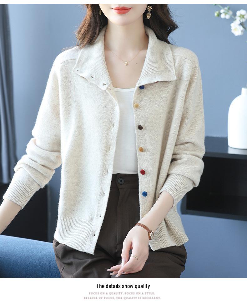 100% Reine Wolle Umlegekragen Damen Strick-Cardigan - Herbstmode Kurze Jacke