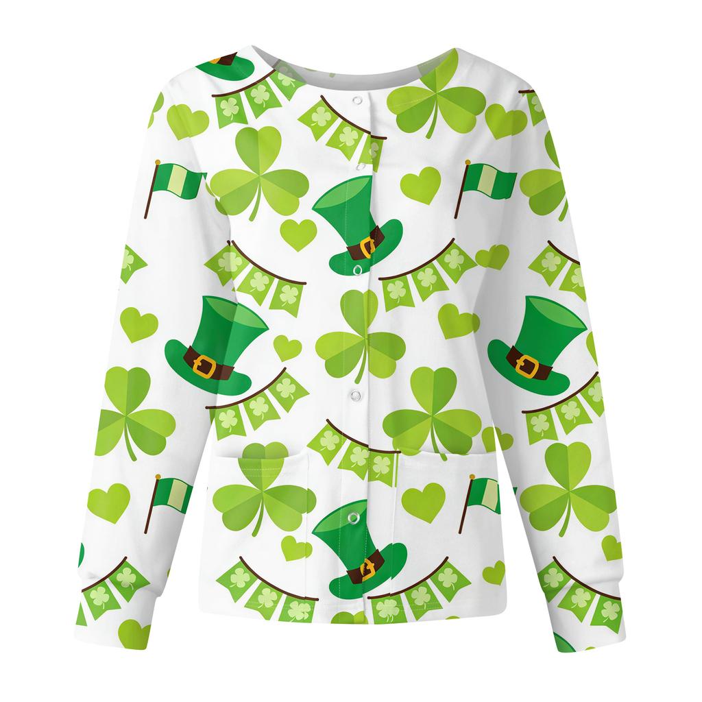 Damen Casual Mode Langarm Stehkragen Einreiher St. Patrick's Day Print Arbeitsjacke Tops