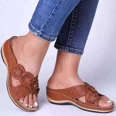 Übergröße Retro Blume Dekorative Keilsandaletten Flache Sohle Runde Zehenpartie Lässig Strand Damen Schuhe
