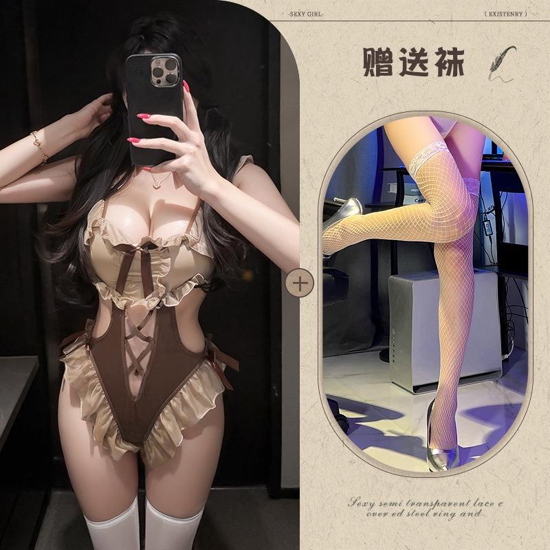 Night listening fragrant erotic underwear sexy retro bow strap hollow ruffle edge one-piece halter pure desire wind suit