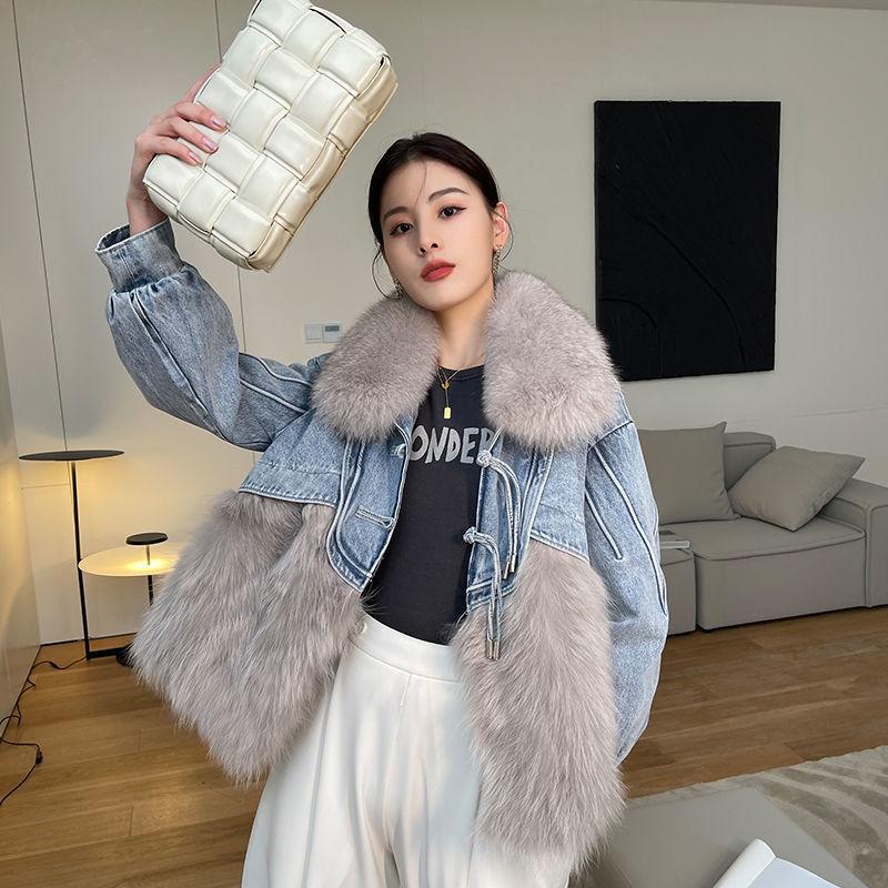 

Зимняя новая одежда из искусственного лисьего меха, джинсовое пальто из искусственного меха, молодое хлопковое пальто L серый