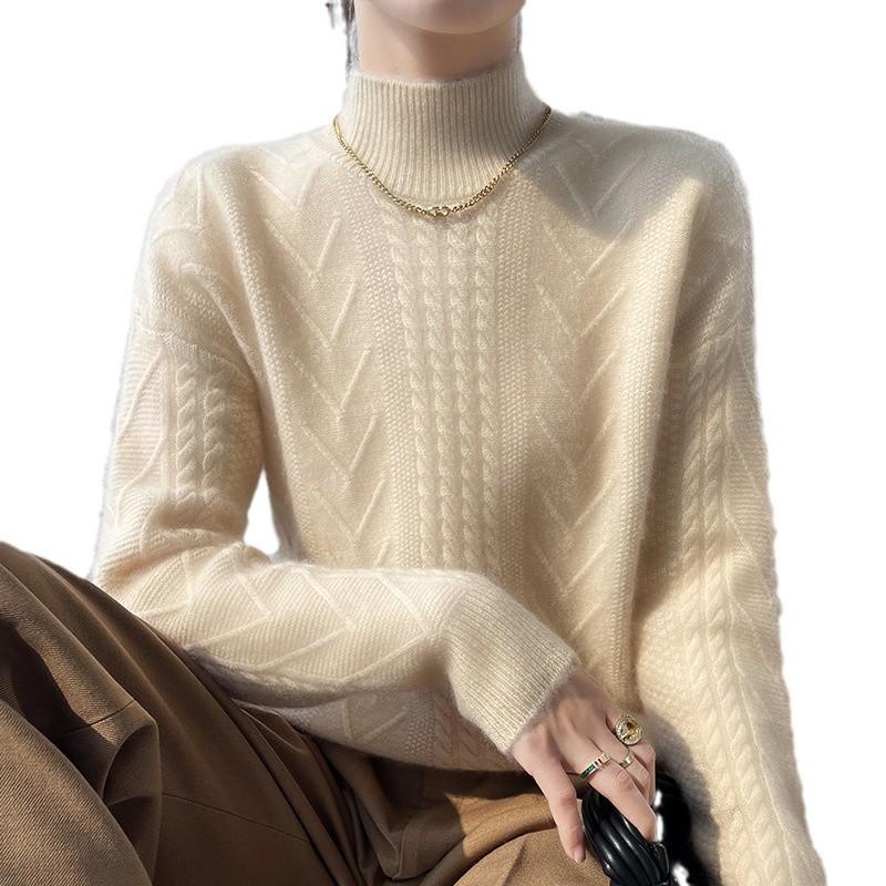 Women's 2024 Autumn/Winter High Neck 100% Pure Wool Cable Knit Sweater