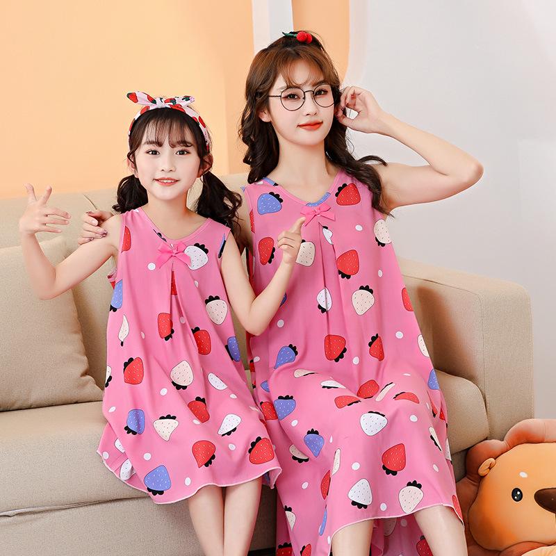Mother-Daughter Cotton Silk Sleeveless Nightgown for Girls: Wide Shoulder Home Dress