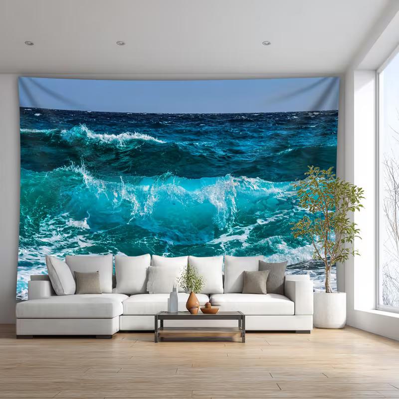 2D Ocean Wave Tapestry Turquoise Sea Wall Hanging for Bedroom Living Room Home Decor