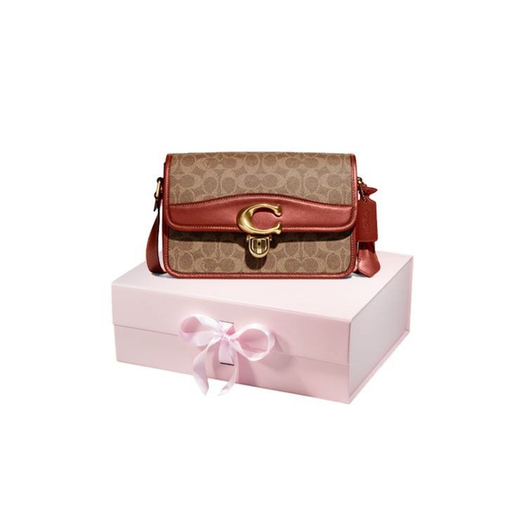 Coach Studio 25 C Logo Flap Classic Monogram Canvas And Leather Shoulder Crossbody Bag Large Women Bags Brown Red C6639-B4NQ4