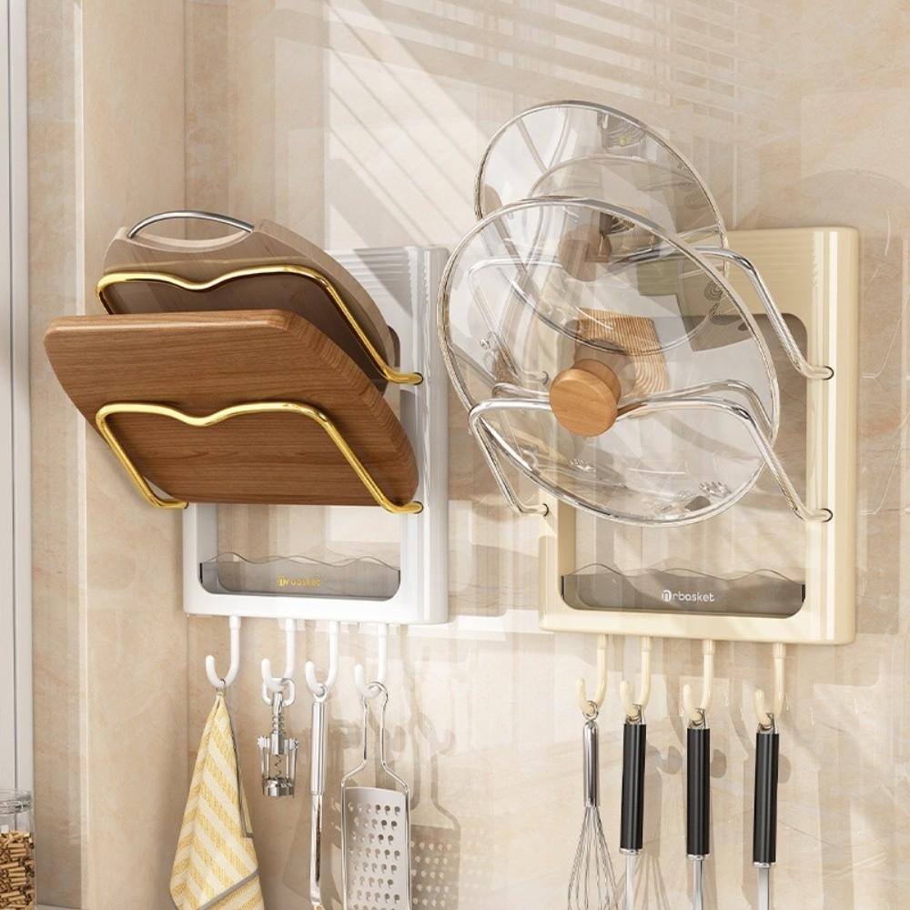 Space Saving Wall Mounted Pot Lid Holder Storage Rack with Hooks Chopping Board Stand Utensil Holder Drain Shelf Kitchen