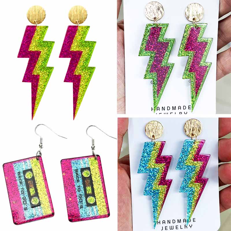 Fluorescent Shining Oil Gloss Magnetic Tape Retro Era Earrings Lightning Element Radio Women's Eye Catching Earrings Gift
