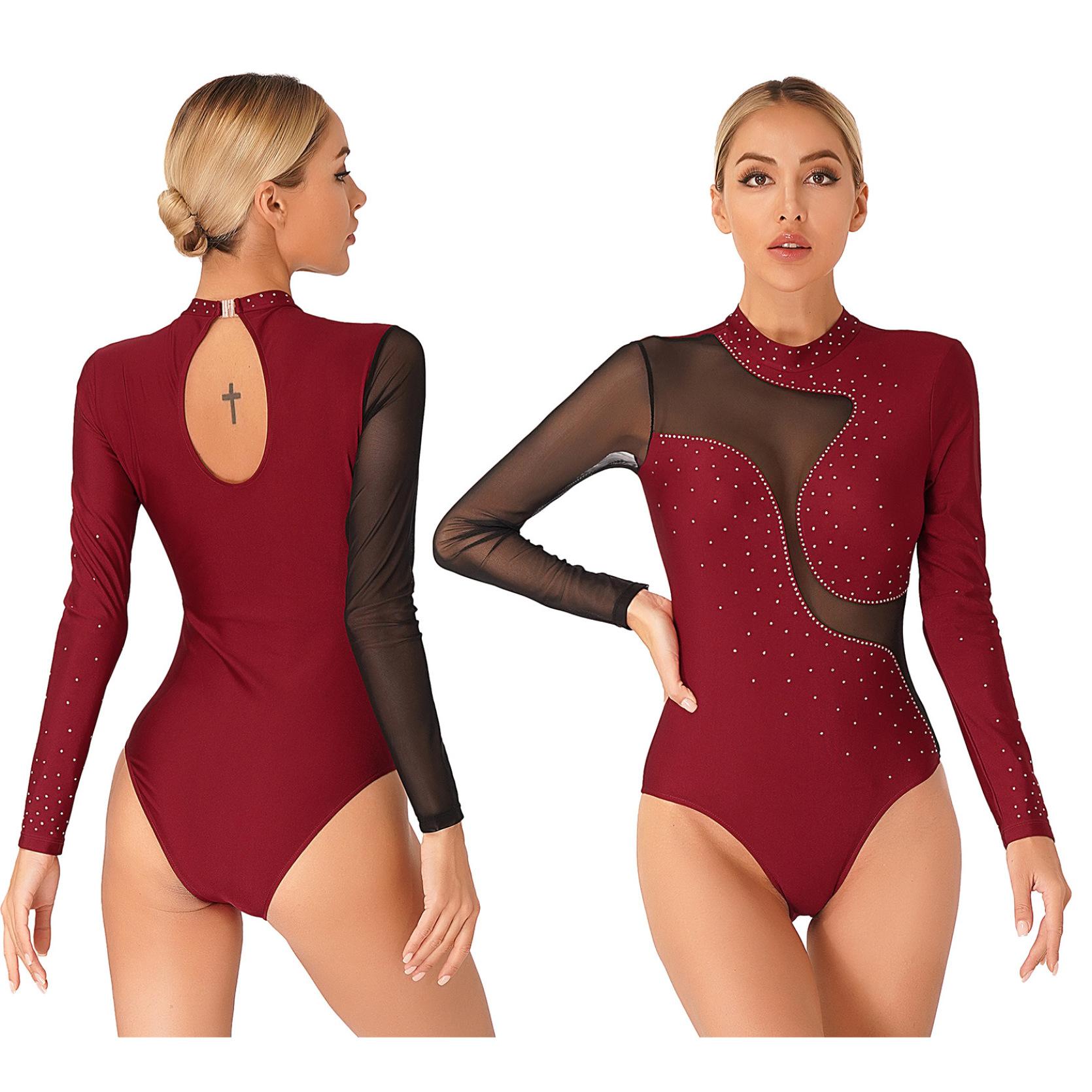 

Женский блестящий боди со стразами и цветными блоками, костюм с длинными рукавами для гимнастики и танцев, акробатический костюм для фигурного катания M бордовый