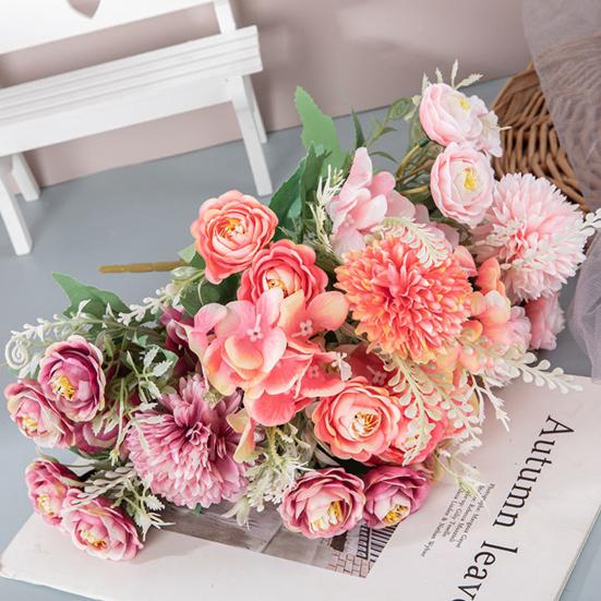 Artificial Mixed Flower Realistic Pan Weaving Tea Rose Chrysanthemum Silk Fake Bouquet for Wedding
