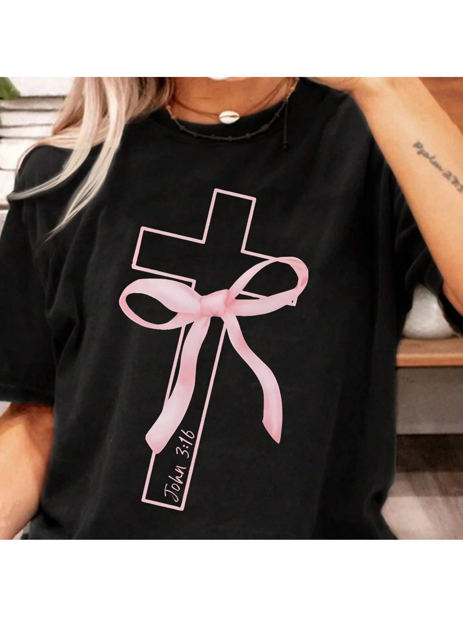 JOHN Letter Cross And Bow Pattern Ladies Short Sleeve T-Shirt Summer Casual Daily Coat  Wounisex Clothing S
