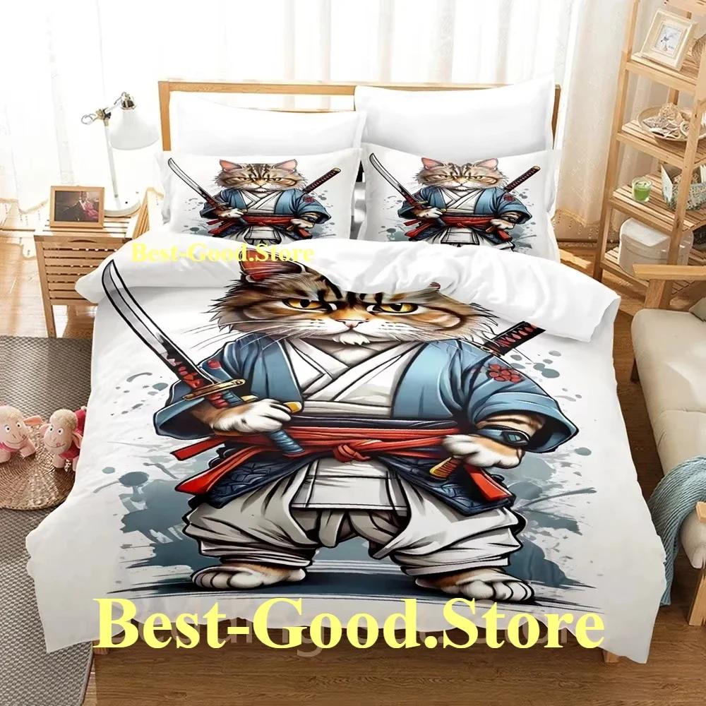 COOL Samurai Cat Bedding Set Duvet Cover Full Queen King Size Pillowcase Bed Printed Bed Set Aldult Kid Bedroom Single Twin