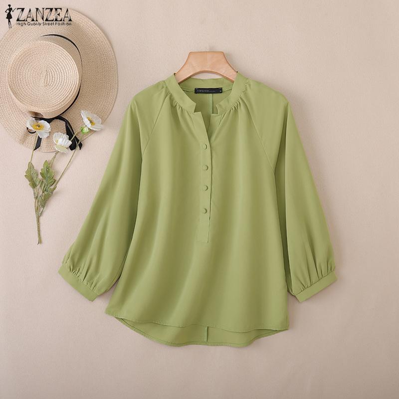 ZANZEA Women Casual Round Neck Solid Color Loose 3/4 Sleeve Blouse
