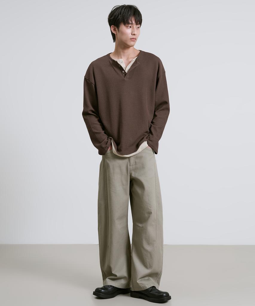 Ousa Henley Neck Layered Long Sleeve T-Shirt 3 Colors