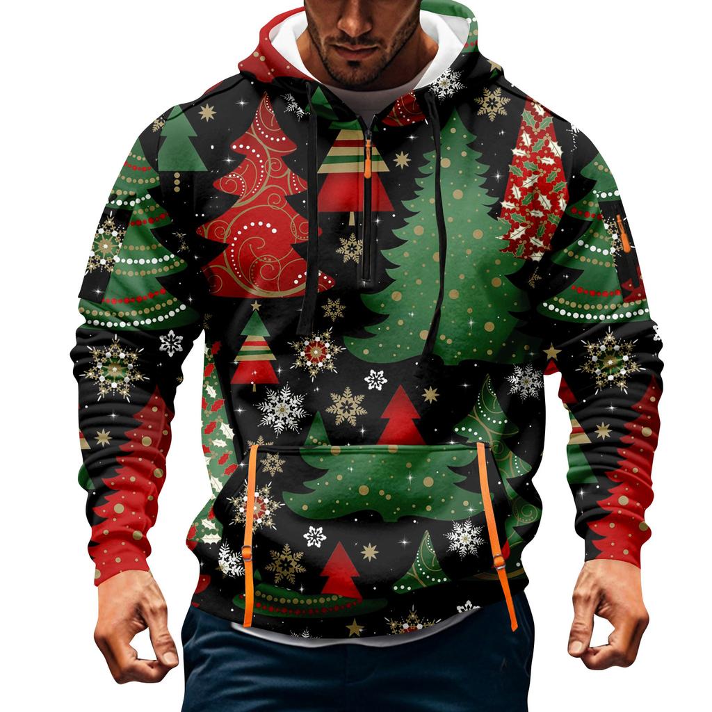 Sudadera deportiva casual de media cremallera con capucha y estampado navideño para hombre