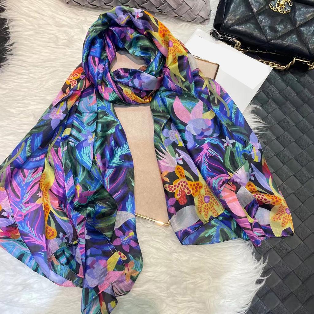Yellow 100% Silk Long Scarf Hijab Female Summer Jungle Design Beach Shawls Fall Winter Mulberry Silk Scarfs Blue,Sky Blue