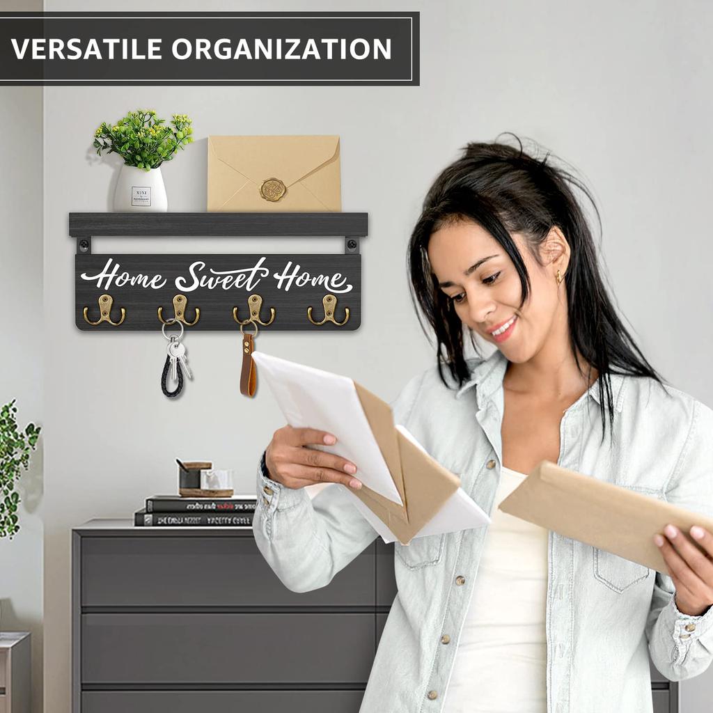 Wooden Key Holder for Wall with Shelf Home Entryway Decorative Key Hanger for Wall with 4 Double Key Hooks and Mail Organizer