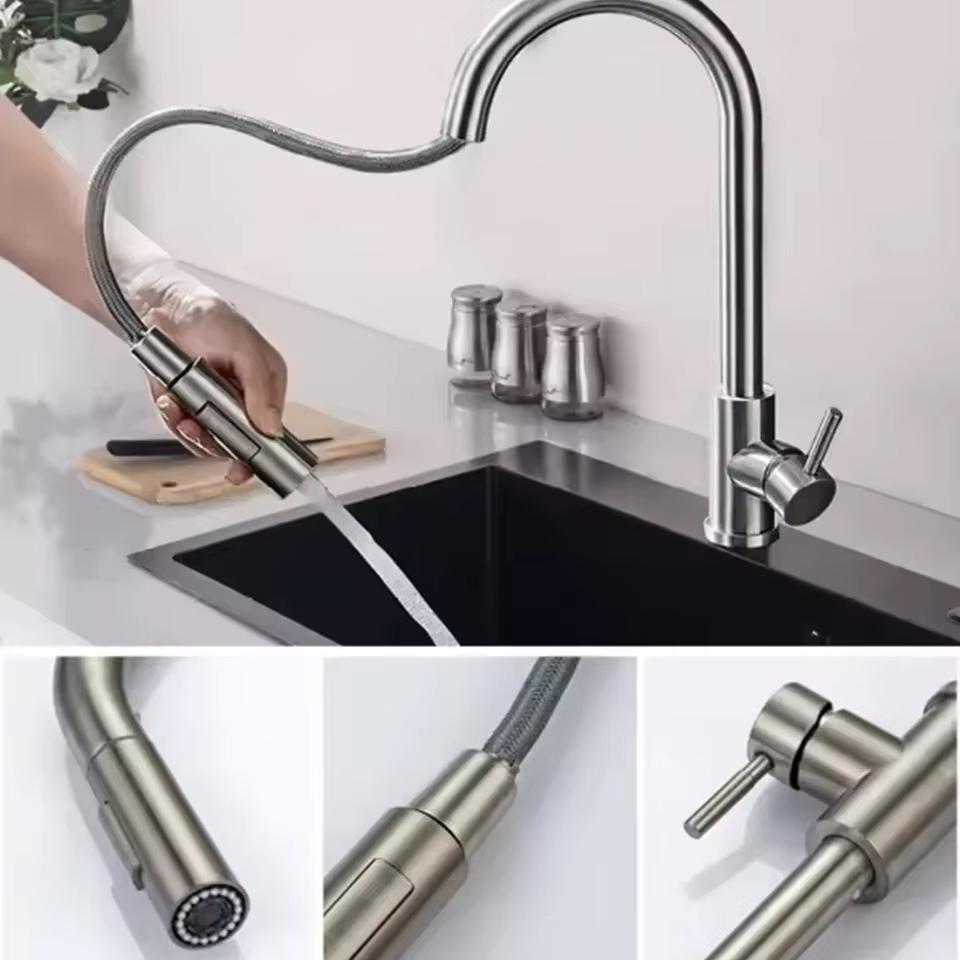 Chrome-plated/brushed pull-out kitchen faucet, 360° rotating kitchen mixing faucet, suitable for sinks, hot and cold water.
