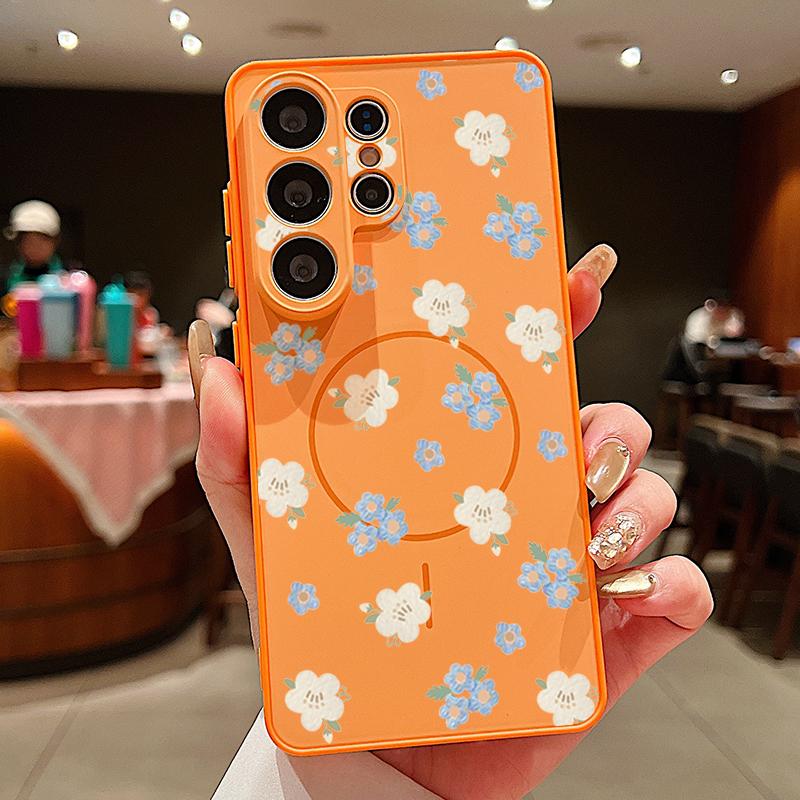 Magnetic For Magsafe Case For Samsung Galaxy S26 Ultra S25 Edge S24 Plus S23 FE S22 A54 A55 A56 5G Blue Flowers Pattern Matte Cover