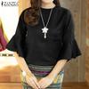 ZANZEA Women Casual Round Neck Loose Ruffles 3/4 Sleeve Plain Blouse