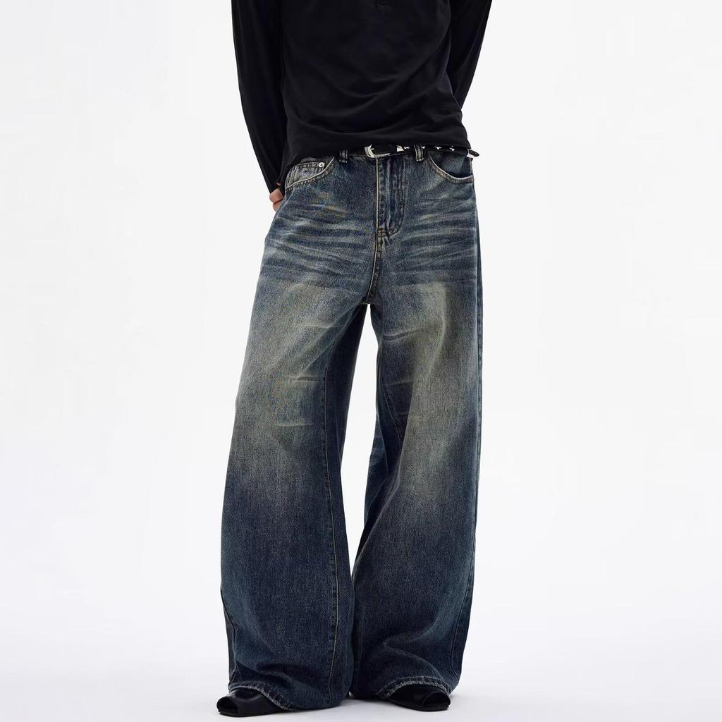 Men's Versatile Retro Wash Denim Jeans - Trendy Wide-Leg, Comfortable Slim Fit, High Street Casual Style