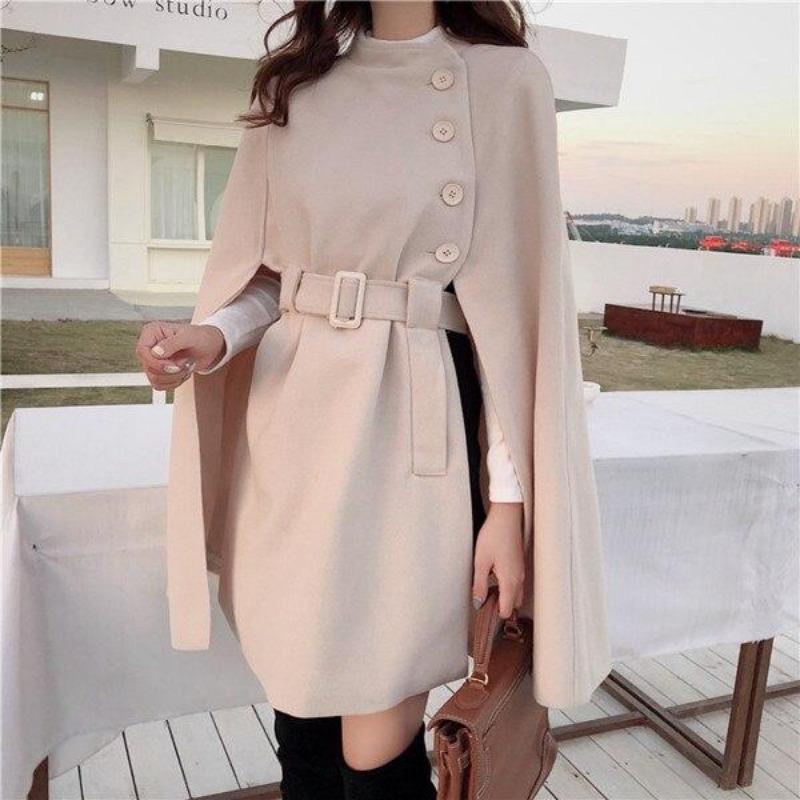 Solid Color Shawl Medium Long Women's Coat Winter New Fashion Fashion Fashion Collection Waist Casual Woolen Coat