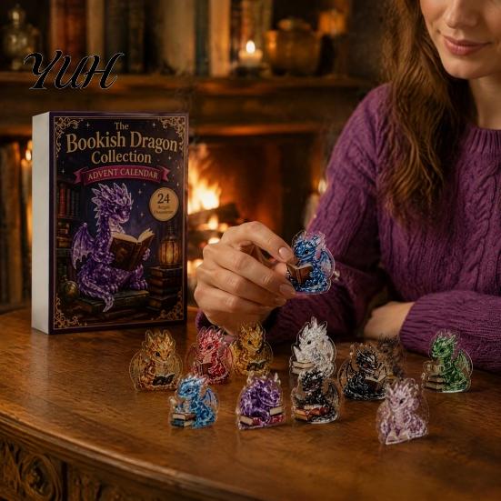 Collectible Dragon Figurines Crystal Advent Calendar 2026, 24 Days Fantasy Reading Book Countdown Calendar, Desktop Decoration for Bookshelves