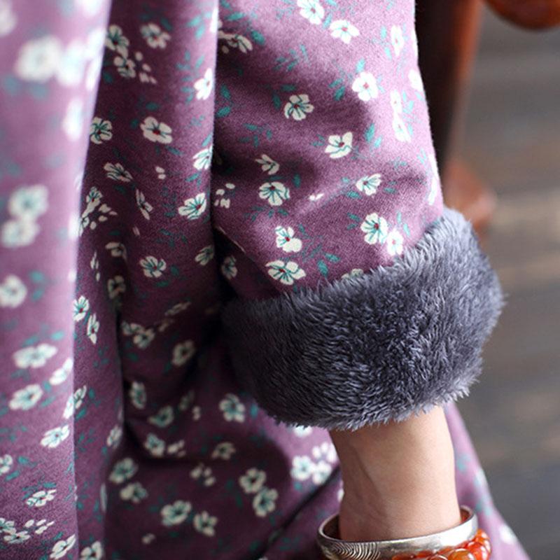 Johnature Women Loose Padded Dress Vintage Print Floral Stand Long Sleeve Dresses Winter Chinese Style Casual Clothing