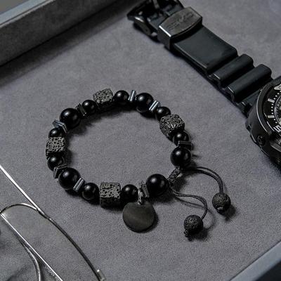 Bracciale da uomo di fascia alta regolabile in ossidiana intrecciata e pietra vulcanica retrò
