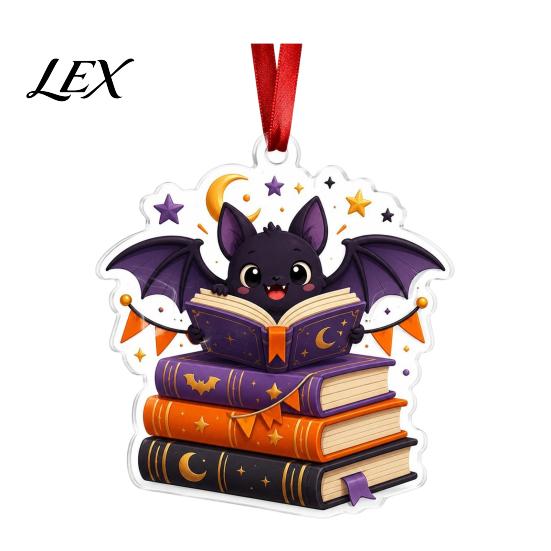 Reading Themed Window Hanging Halloween Ghost Ornament, Acrylic Holding Book Pumpkin Bookshelf Ornaments Black Cat Mummy Decor, 2D Cartoon Bookish