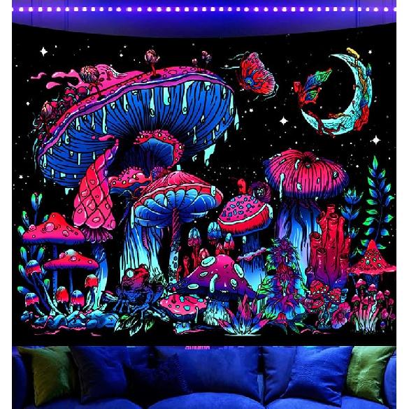 Onivein Blacklight Mushroom Tapestry Glow in the Dark Fantasy Plant Tapestry UV Reactive Moon Butterfly Frog Tapestries Poster Wall Hanging for
