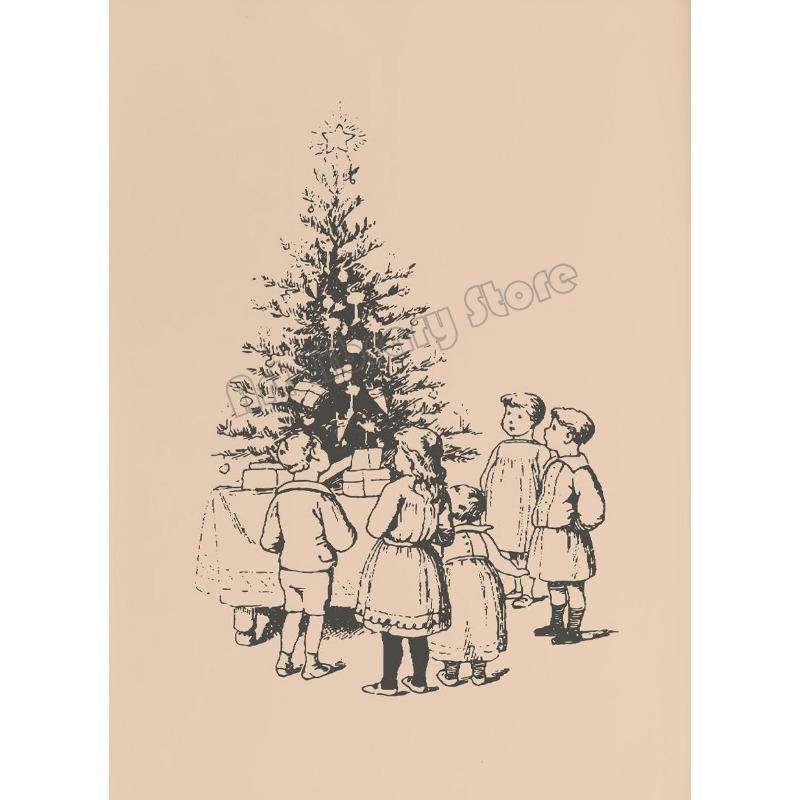 Vintage Antique Christmas Wreath Pine Tree Forest Winter Sketch Poster Canvas Painting Wall Art Pictures Home Interior Decor