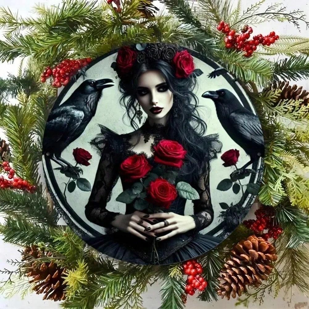 Gothic Witch with Ravens Roses Metal Wall Art Home Decor Sign 20x20 разноцветный